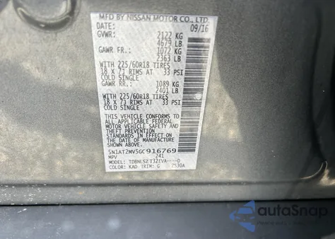 2016 Nissan Rogue Sl z USA, uszkodzony, nr VIN 5N1AT2MV5GC916769